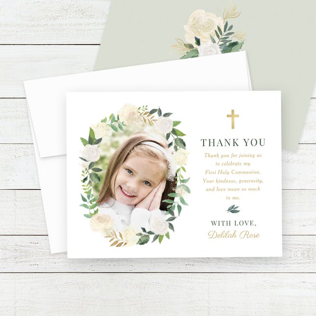 Grönt Guld Blommigt First Heliga Communion Girl Ph Tack Kort (Skapare uppladdad)