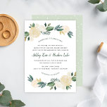 Grönt Guld Blommigt Greenery Giftermål Firande Inbjudningar<br><div class="desc">Klassiska bröllopsinbjudningar i stil har en blommigt ram av elegant vattenfärgen ro, peony och ranunculus blommor och löv i neutralt vår och sommarskuggor av vitt, grädde, guld, grönt och mörk grått. Kortets baksida är mjuk grönt med abstrakt borstad punkt mönster. Den här inbjudan innehåller ordalydelse för föräldrar som är värd...</div>