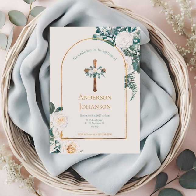Grönt Guld Blommigt Kor, kristen baptism Inbjudningar (Skapare uppladdad)