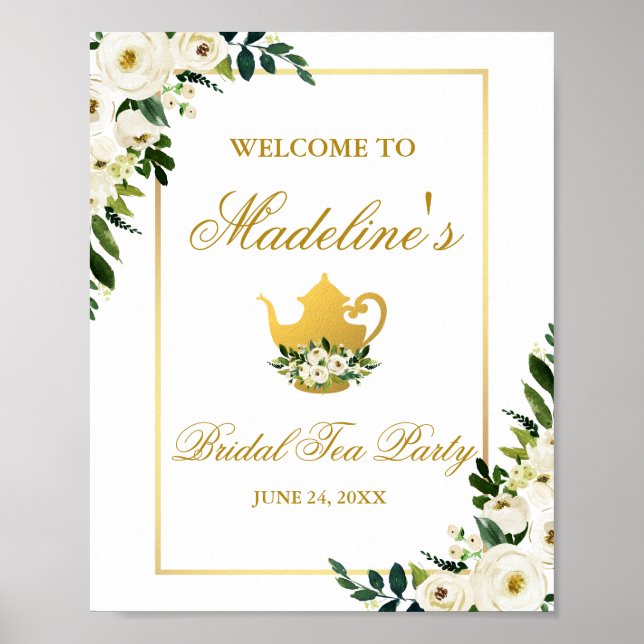 Grönt Guld Blommigt Möhippa Tea Party Välkomsthäls Poster (Framsidan)
