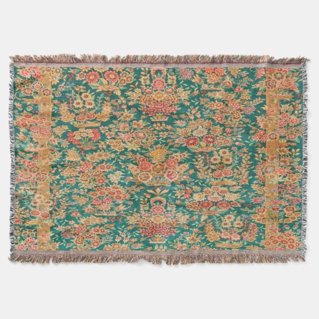 Grönt guld blommigt, persisk turkfisk mönster filt (Framsidan)