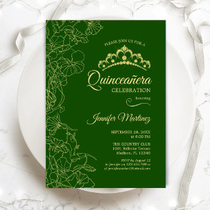 Grönt Guld Blommigt Quinceanera Party Inbjudningar
