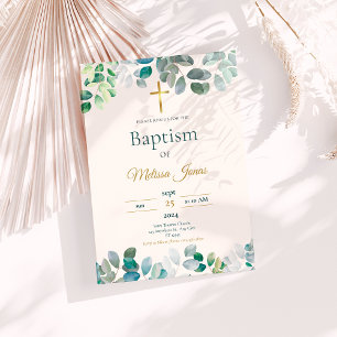 Grönt Guld Blommigt Rustic Christening Baptism Inbjudningar