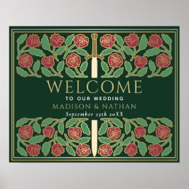 Grönt Guld Blommigt Svärd Kungligt Bröllop Välkoms Poster