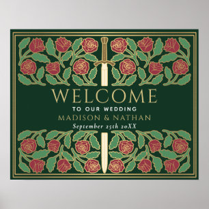 Grönt Guld Blommigt Svärd Kungligt Bröllop Välkoms Poster