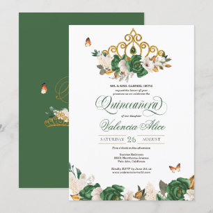 Grönt & Guld Blommigt Tiara Butterfly Quinceañera Inbjudningar