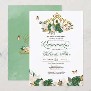 Grönt & Guld Blommigt Tiara Butterfly Quinceañera Inbjudningar