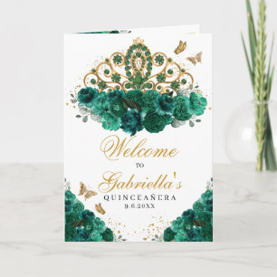 Grönt & Guld Blommigt Tiara Quinceanera-programmet Inbjudan