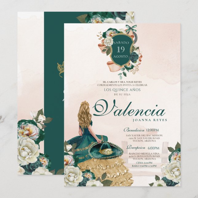 Grönt Guld Blommigt Vapensköld Elegant Charra Quin Inbjudningar (Fram/baksida)