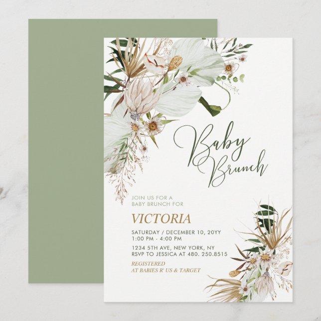 Grönt & Guld Boho Botanical Baby Shower Brunch Inbjudningar (Fram/baksida)