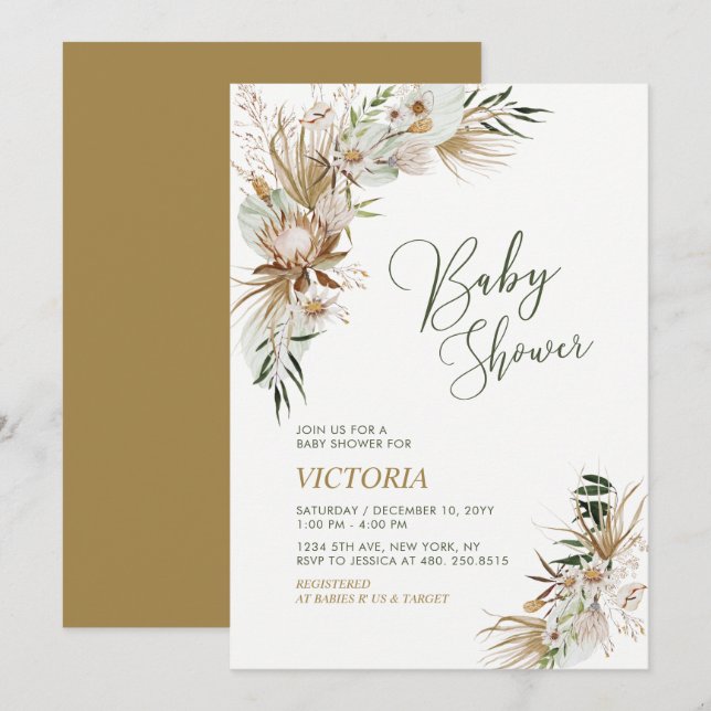 Grönt & Guld Boho Botanical Baby Shower Inbjudningar (Fram/baksida)