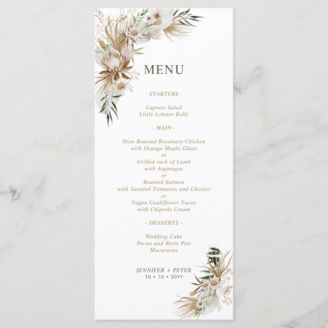 Grönt & Guld Boho Botanical Bröllop Menus Meny (Framsida)