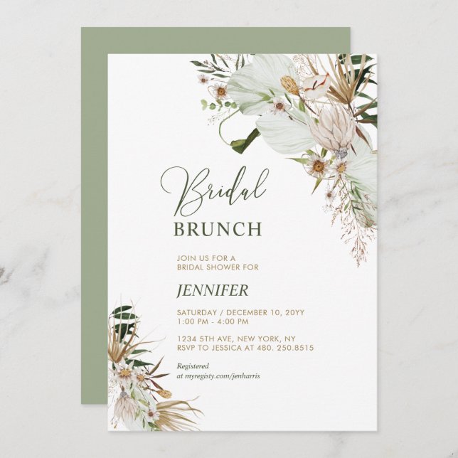 Grönt & Guld Boho Botanical Möhippa Brunch Inbjudningar (Fram/baksida)