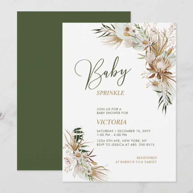 Grönt & Guld Boho Botaniskt Baby Sprinkle Inbjudningar (Fram/baksida)