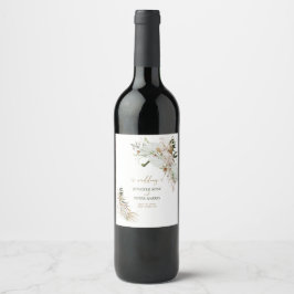 Grönt & Guld Boho Botaniskt Bröllopsfavor Vinflaska Etikett