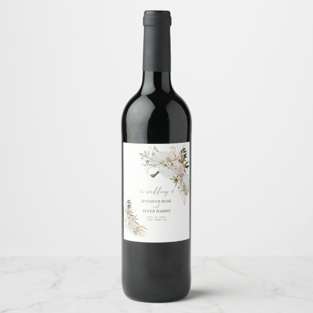 Grönt & Guld Boho Botaniskt Bröllopsfavor Vinflaska Etikett (Framsida)
