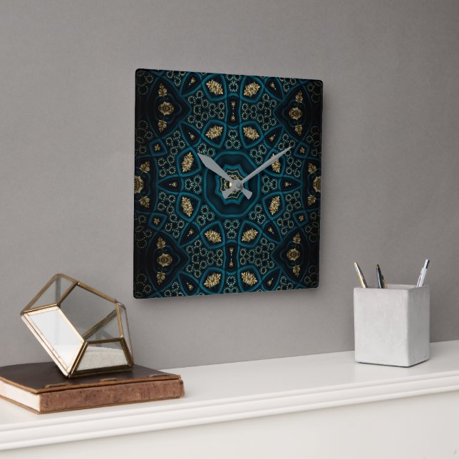 Grönt Guld Boho Rosette Mandala Fyrkantig Klocka (Kontor)