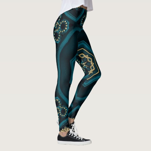 Grönt Guld Boho Rosette Mandala Leggings (Höger)