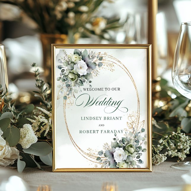 Grönt Guld Botanisk Dammgrön Bröllop Välkommen Poster (Green Gold Botanical Dusty Green Wedding Welcome)