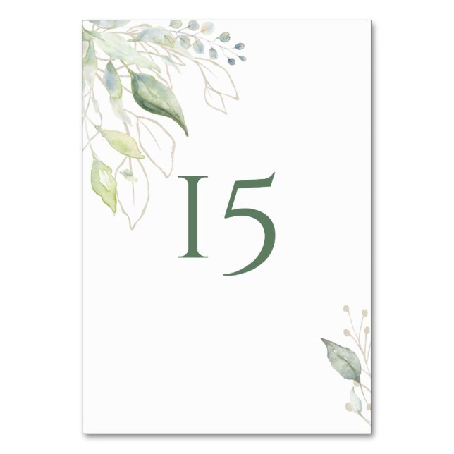 Grönt Guld Botaniska blad Vattenfärg Bordsnummer (Framsidan)
