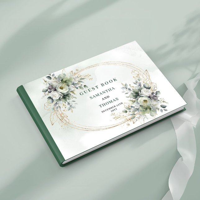 Grönt Guld Botaniskt Dammgrönt Bröllopsgästbok Gästböcker (Green Gold Botanical Dusty Green Wedding Guest Book)
