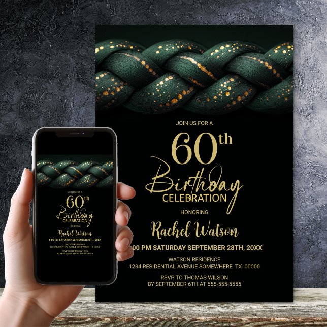 Grönt Guld Braid 60:e Födelsedagsfesten Inbjudningar (Skapare uppladdad)