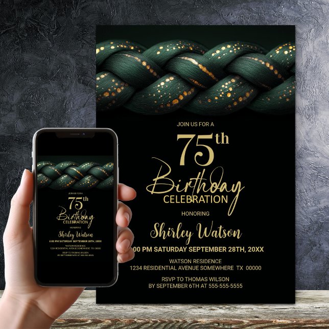 Grönt Guld Braid 75:e Födelsedagsfest Inbjudningar (Skapare uppladdad)