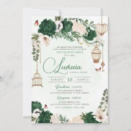 Grönt Guld Butterfly Blommigt Elegant Quinceañera Inbjudningar