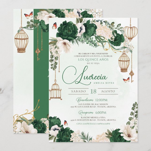 Grönt Guld Butterfly Blommigt Elegant Quinceañera Inbjudningar (Fram/baksida)