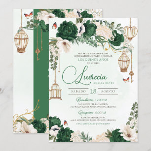 Grönt Guld Butterfly Blommigt Elegant Quinceañera Inbjudningar