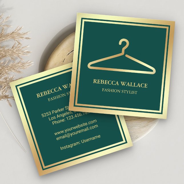 Grönt Guld Clothes Hanger Mode Stylist Fyrkantigt Visitkort (Skapare uppladdad)