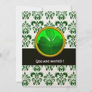 GRÖNT GULD DAMAST MED SHAMROCK, Svart Vit Inbjudningar