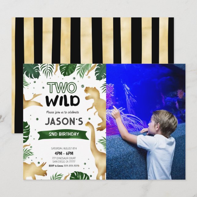 Grönt & Guld Dinosaur Födelsedagsfest Photo Inbjudningar (Fram/baksida)
