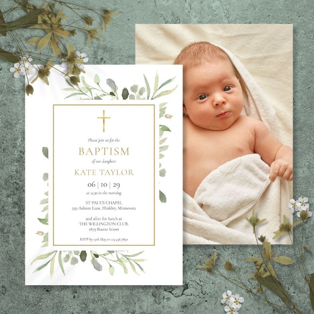 Grönt Guld Dop Fotografi Inbjudningar (Greenery Gold Baptism Christening Photo Invitation)