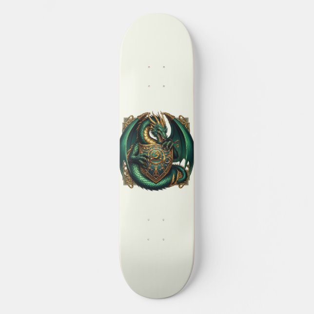 Grönt & Guld Dragon med Shield Mini Skateboard Bräda 18,5 Cm (Framsida)