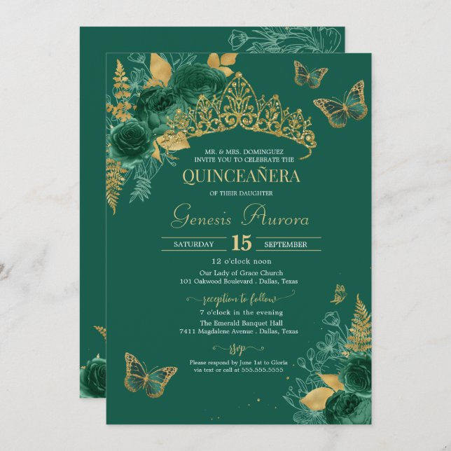 Grönt & Guld Emerald Blommigt Butterfly Quinceañer Inbjudningar (Fram/baksida)