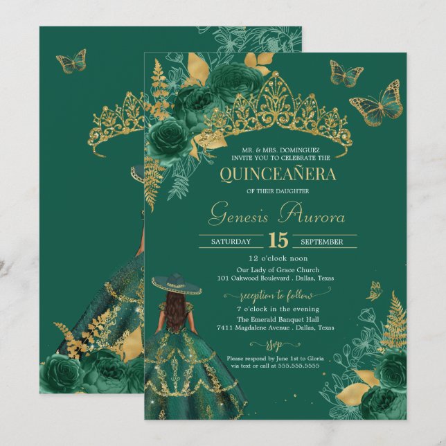 Grönt Guld Emerald Charro Butterfly Quinceañera Inbjudningar (Fram/baksida)