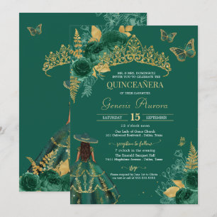 Grönt Guld Emerald Charro Butterfly Quinceañera Inbjudningar