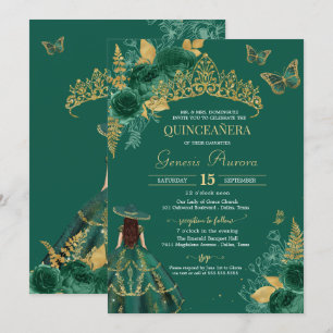 Grönt Guld Emerald Ro Flor Butterfly Quinceañera Inbjudningar