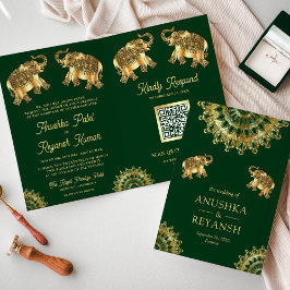 Grönt Guld Enic-elefanter Indiska QR-koden Bröllop Inbjudan