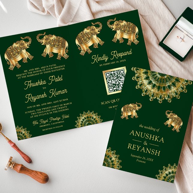 Grönt Guld Etniska Elefanter Indisk QR-kod Bröllop Inbjudan (Skapare uppladdad)