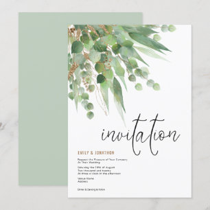 Grönt Guld Eucalyptus Löv Elegant Script Bröllop Inbjudningar