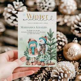 Grönt guld Flickan Snögubbe juldag i Snö Inbjudningar