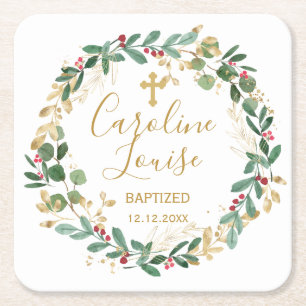 Grönt Guld: Foliage Baby Baptism Underlägg Papper Kvadrat