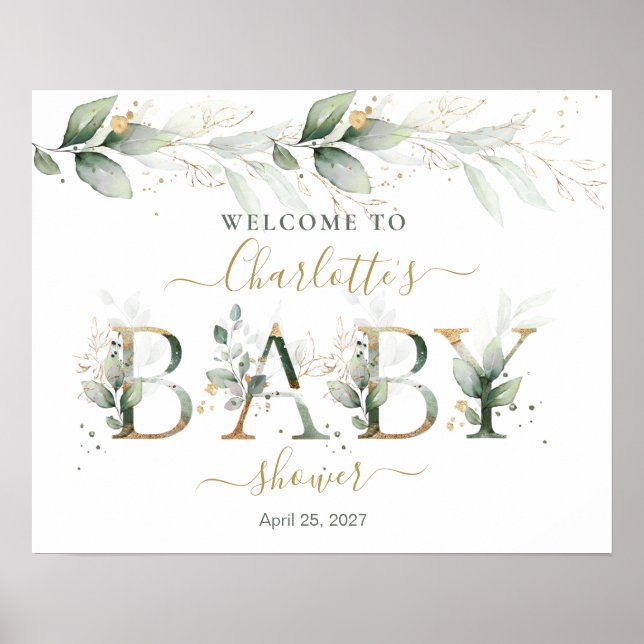 Grönt Guld Foliage Baby Shower Välkommen Poster (Framsidan)