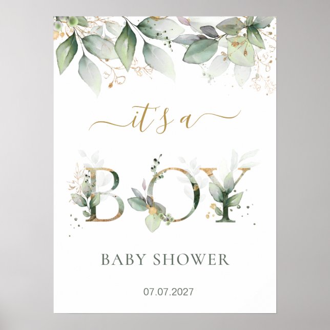 Grönt Guld Foliage Boy Shower-skylt Poster (Framsidan)