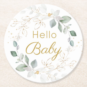 Grönt Guld Foliage Gender Neutral Baby Shower Underlägg Papper Rund