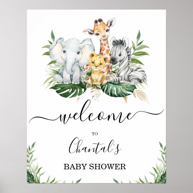 Grönt Guld Foliage Safari Baby Shower Välkomstskyl Poster (Framsidan)