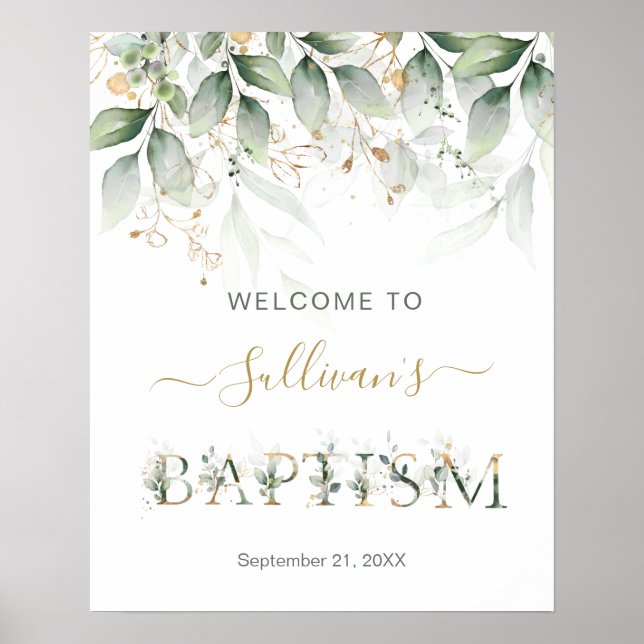 Grönt & guld foliage Välkomsthändelse Baptism Poster (Framsidan)