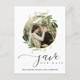GRÖNT GULD FOLIAGE WREATH SPARA DATE FOTO MEDDELANDE VYKORT
